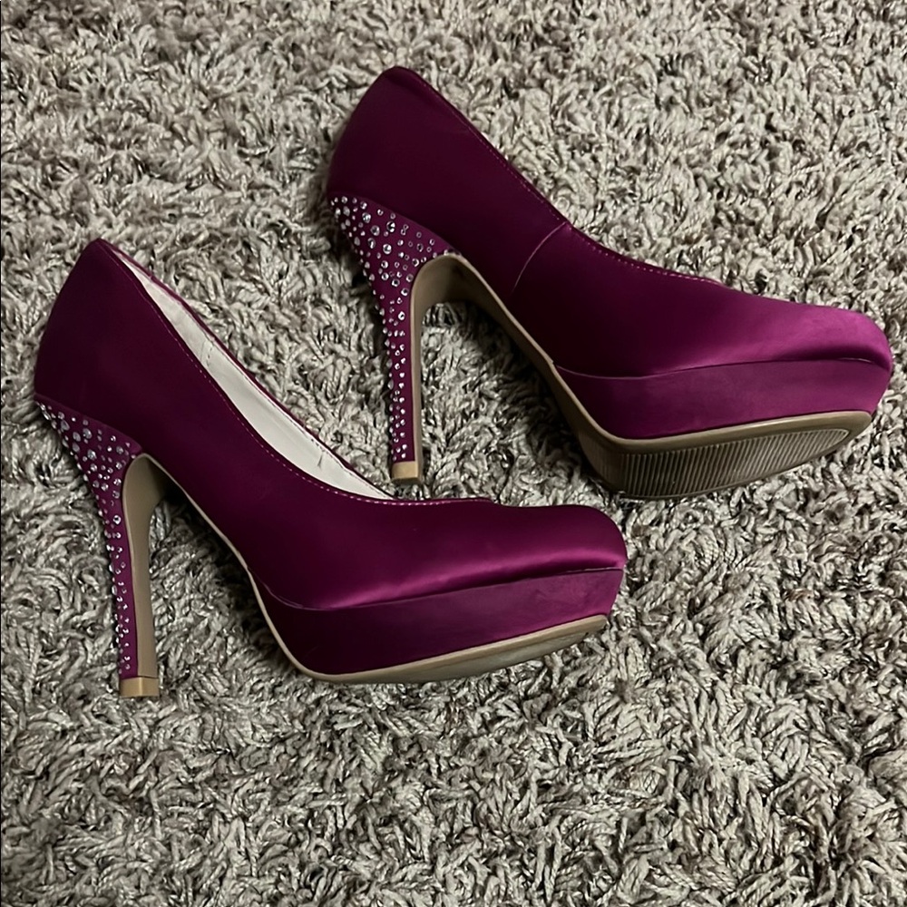 Purple Satin Platform Heels with Crystal Embellishments
